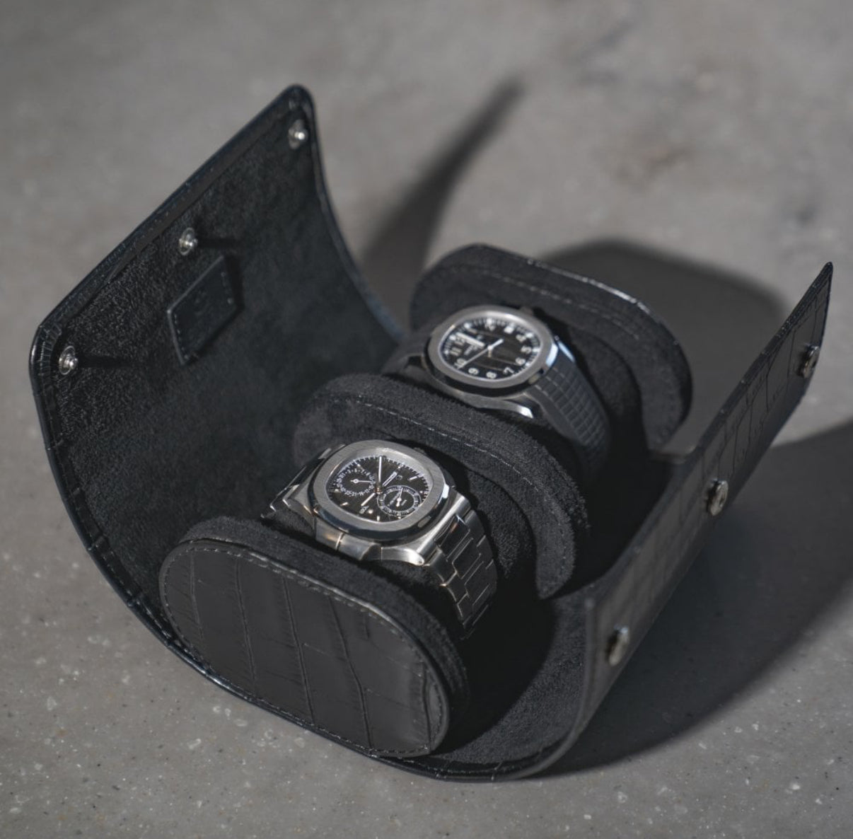 ETIER VERDI DOUBLE WATCH ROLL CROCODILE LEATHER - BLACK