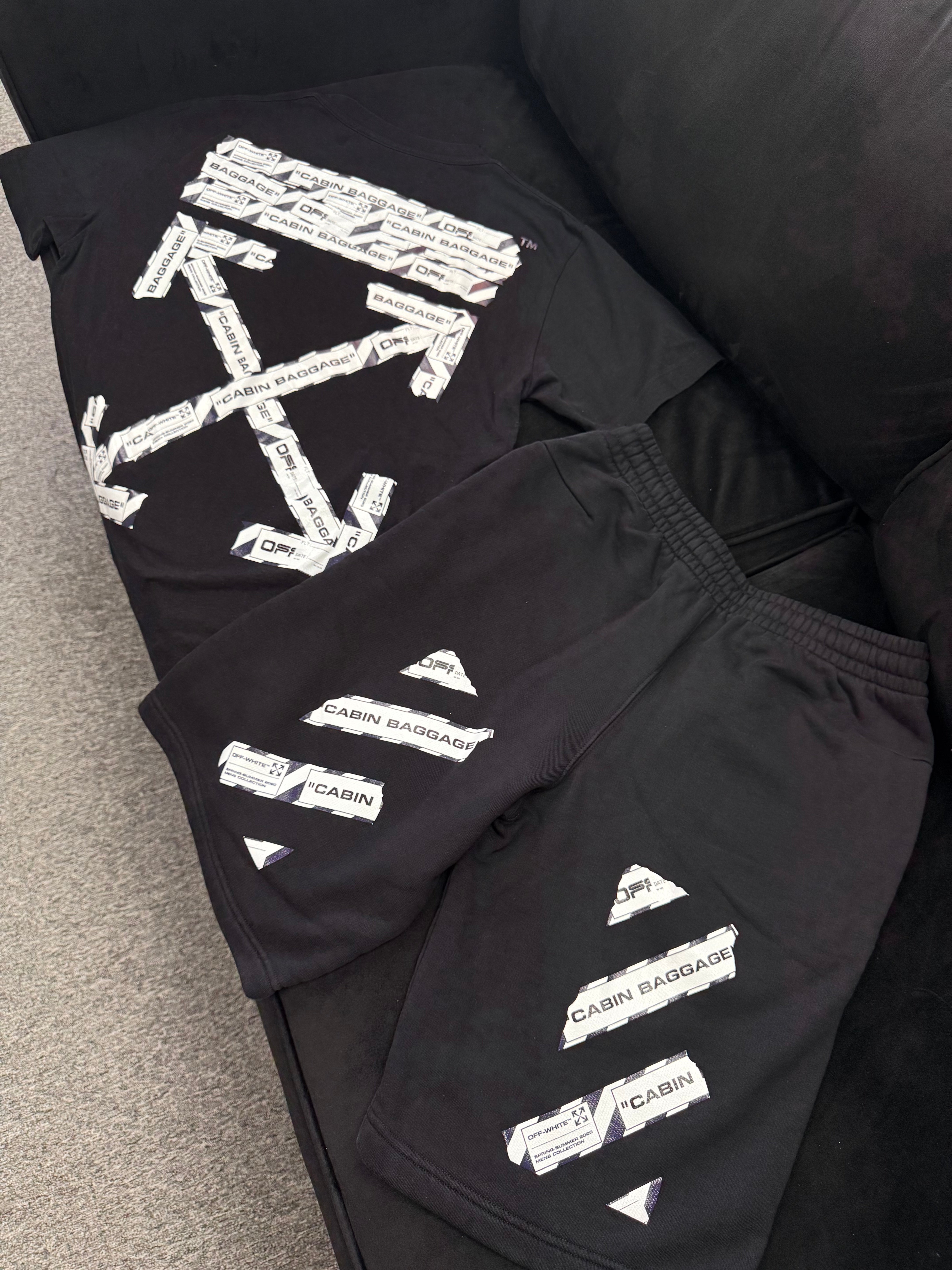 (PRE-OWNED) OFF WHITE CABIN BAGGAGE SHORT & TEE SET - BLACK