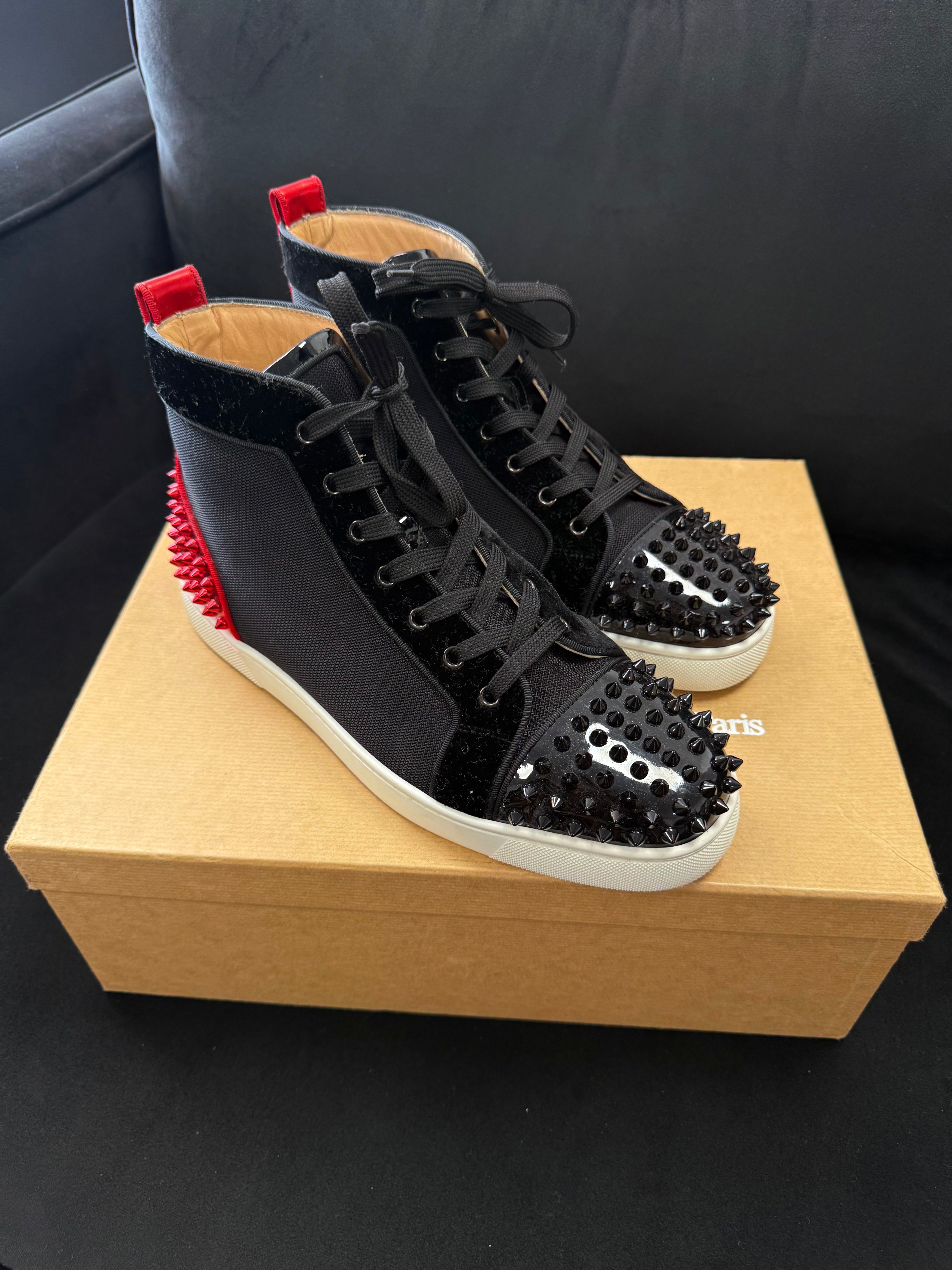 (PRE-OWNED) CHRISTIAN LOUBOUTIN CLOTH HIGH TRAINERS - BLACK/RED/WHITE