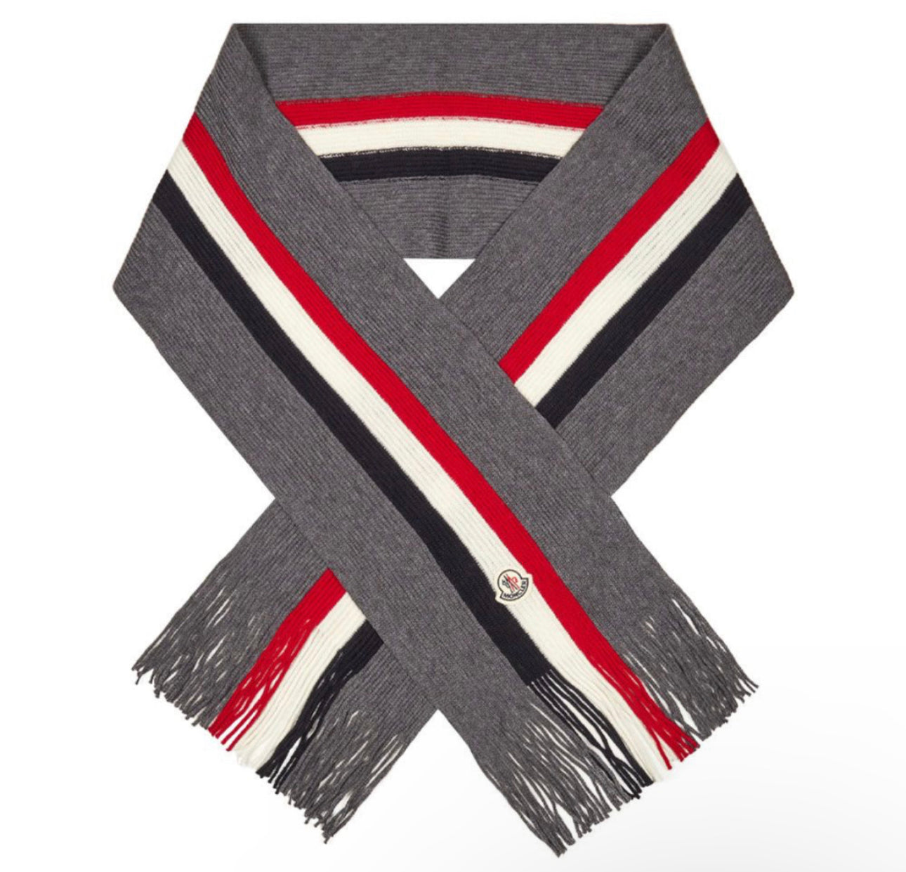 MONCLER TRICOLOUR LOGO SCARF - GREY