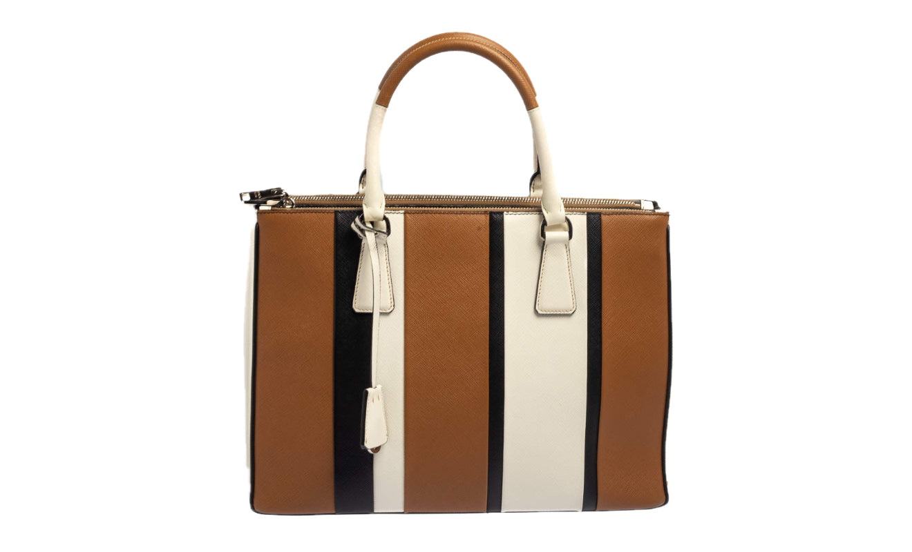 (PRE-OWNED) PRADA TRI COLOUR STRIPED SAFFIANO LEATHER ZIP TOTE BAG
