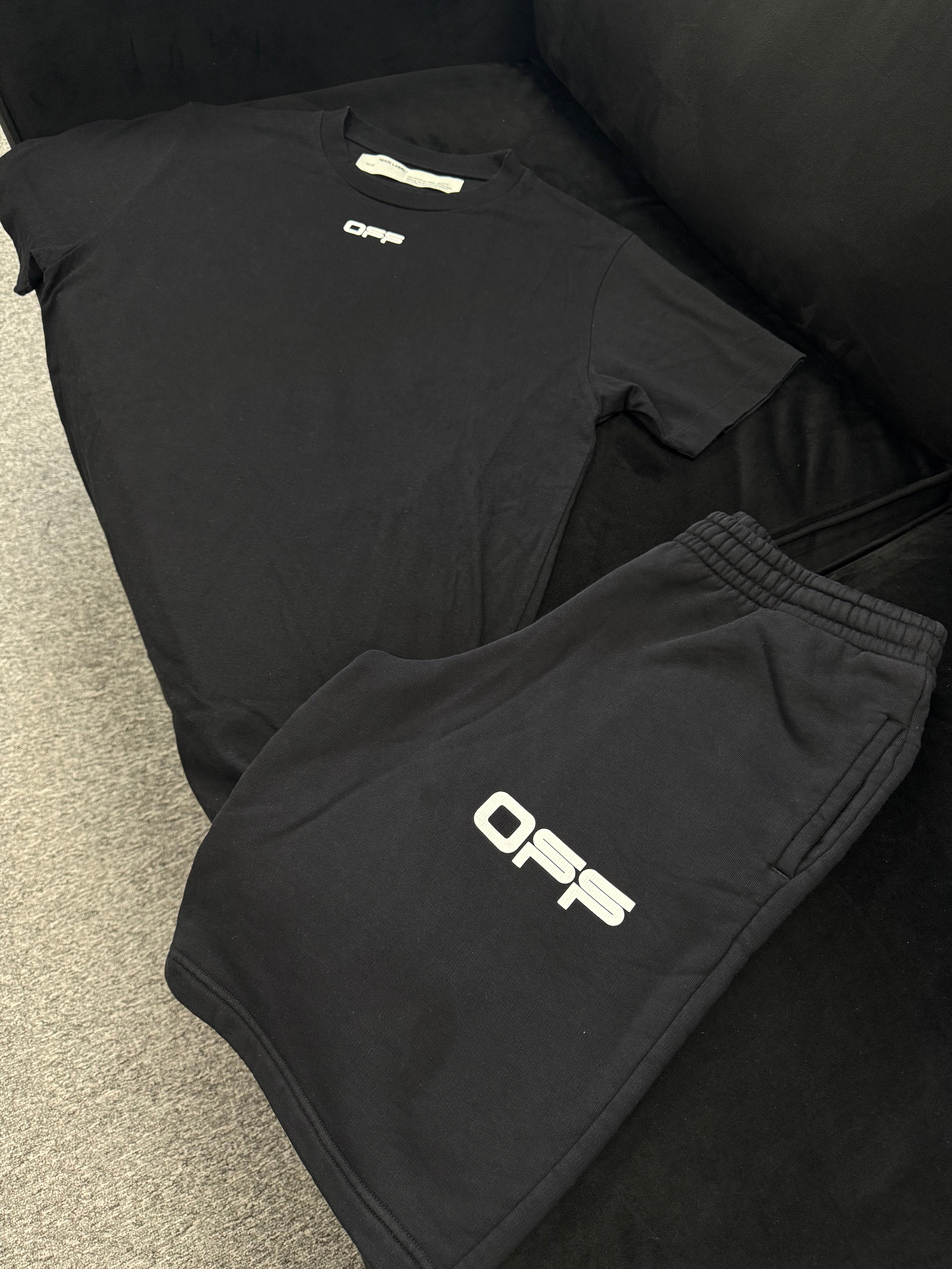 (PRE-OWNED) OFF WHITE CABIN BAGGAGE SHORT & TEE SET - BLACK