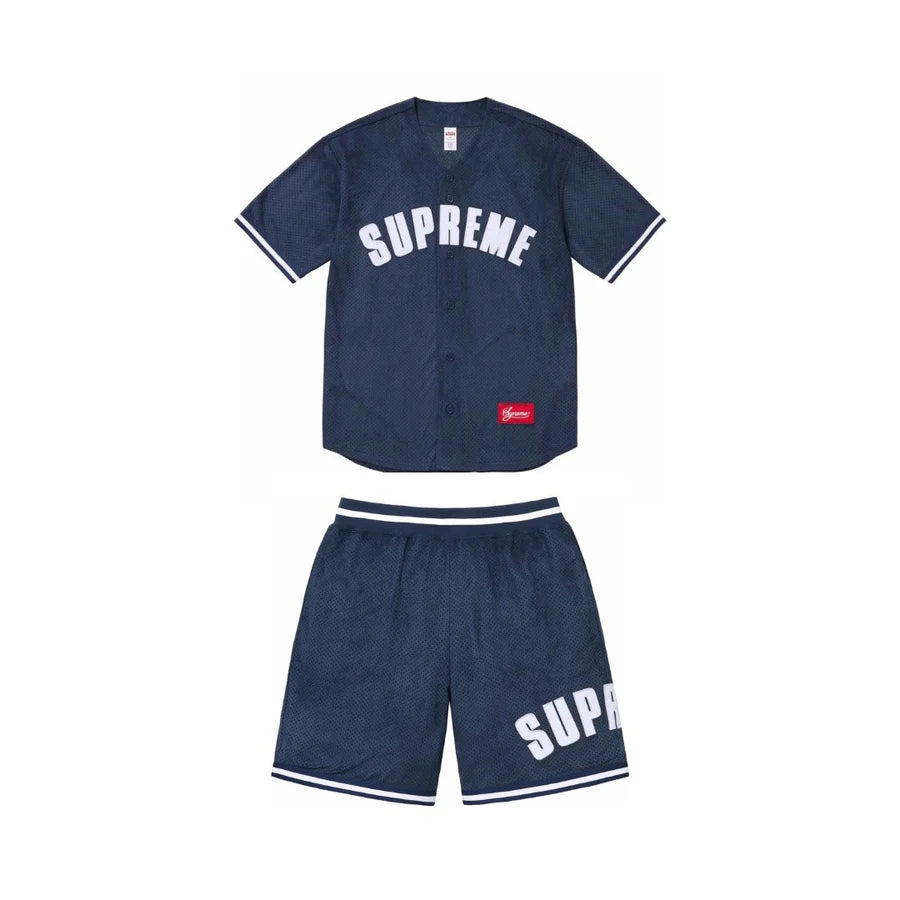 SUPREME ULTRASUEDE MESH BASEBALL JERSEY AND SHORT SET - NAVY