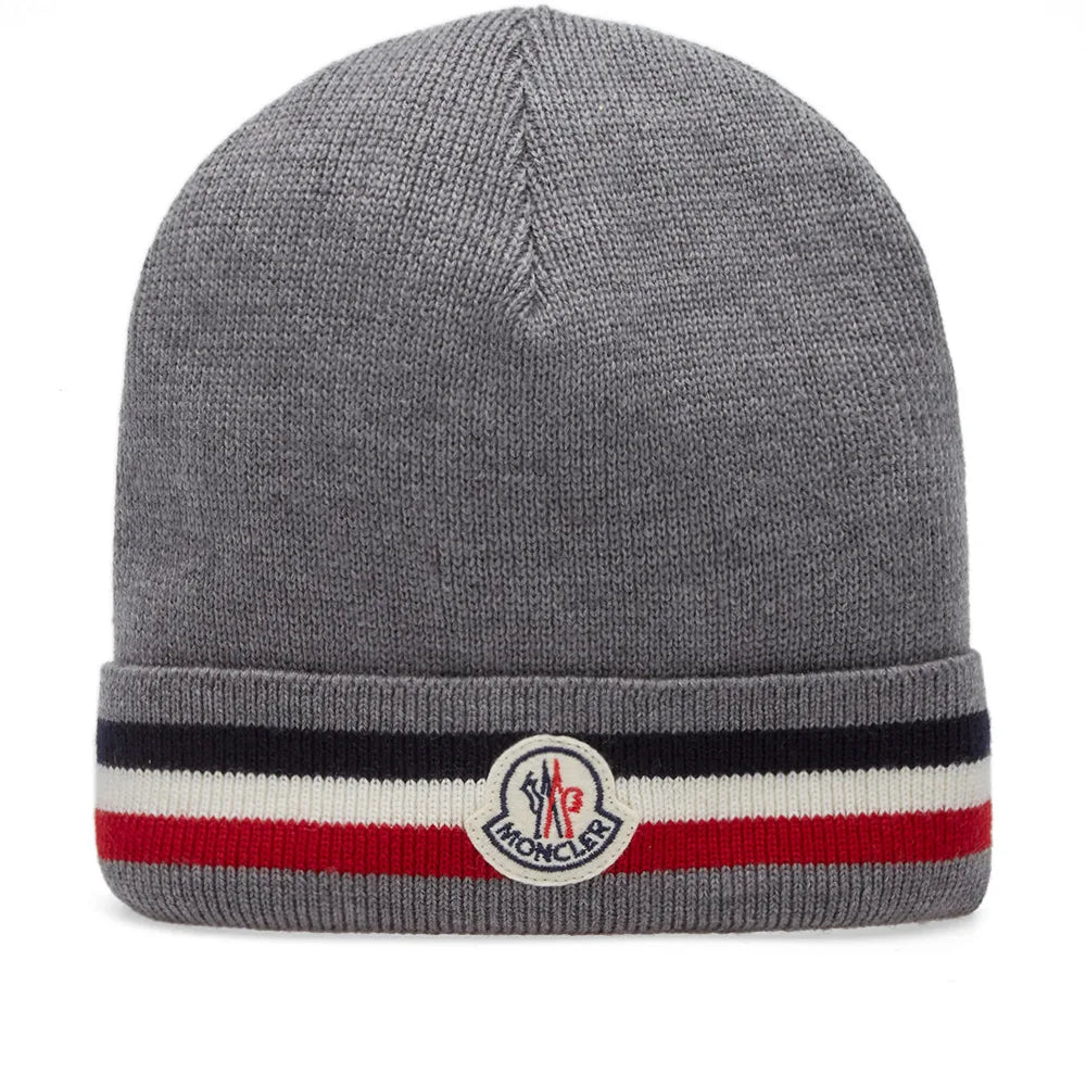 MONCLER TRICOLOUR LOGO BEANIE - GREY